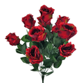 Red artificial rose bush with realistic green leaves for floral arrangements and wreaths
