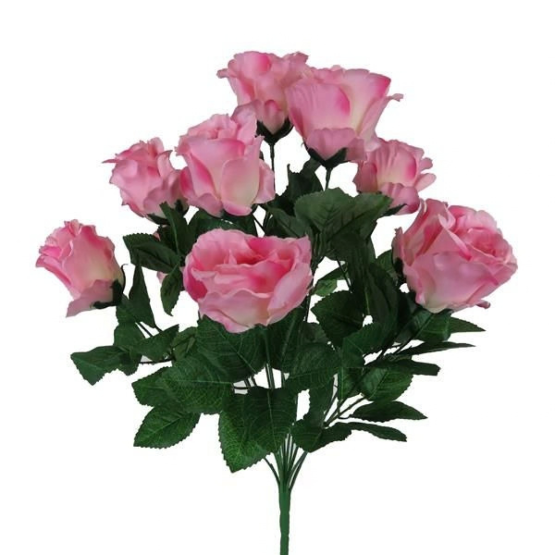 Pink artificial rose bush with realistic green leaves for floral arrangements and wreaths
