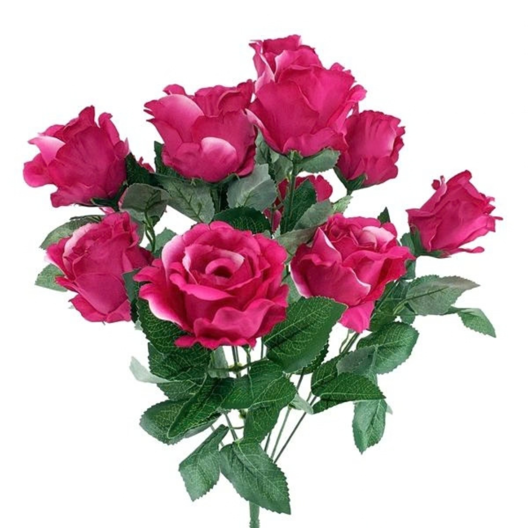 Pink artificial rose bush with realistic green leaves for floral arrangements and wreaths