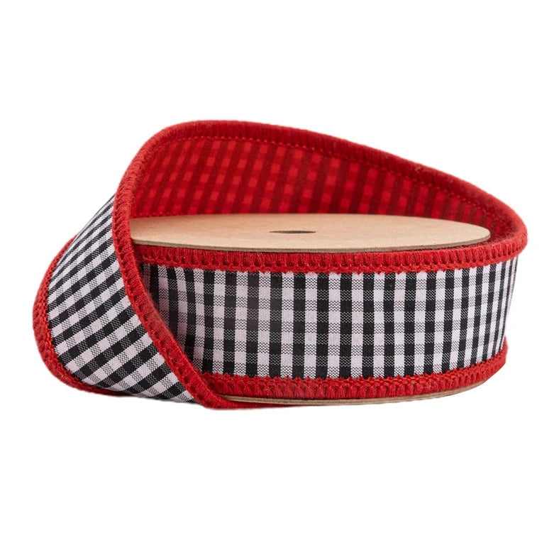1" Wired Ribbon | Black/White Mini Check w/ Red Backing | 10 Yard Roll