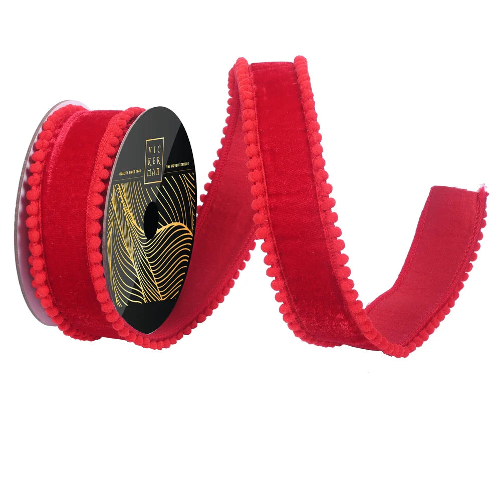 1.5” Vickerman Red Velvet Pom Pom Ribbon
