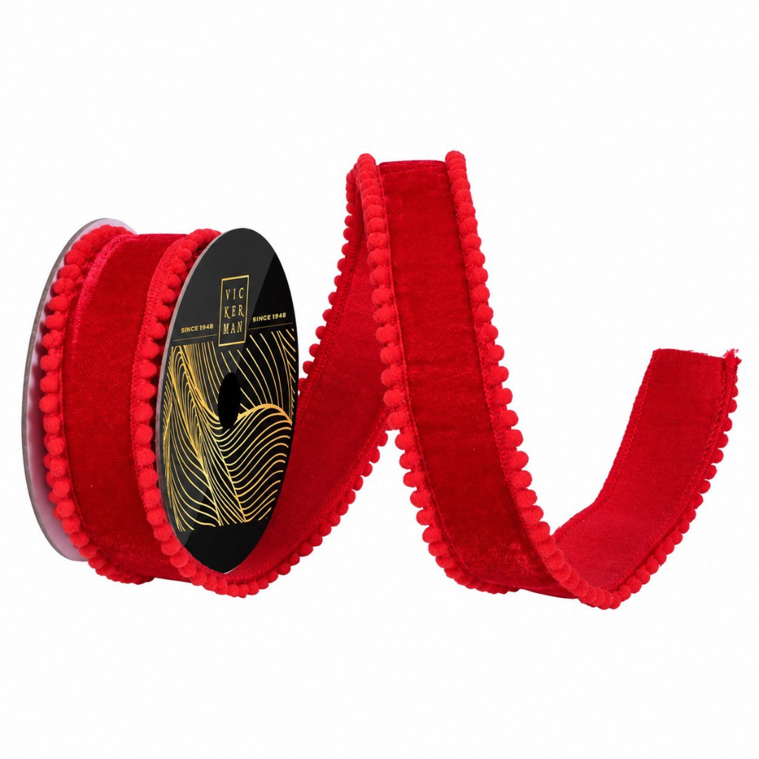 1.5" Vickerman Red Velvet Pom Pom Edge Ribbon